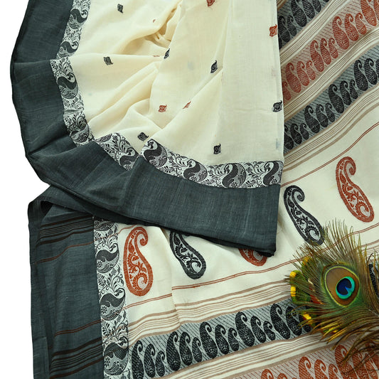 Indian Vintage Sari Ivory Pure Cotton Hand Woven 5Yd Sarees Soft Paisley Ethnic Craft Fabric Sewing Dress making Crafting Quilting