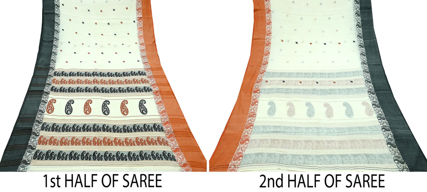 Indian Vintage Sari Ivory Pure Cotton Hand Woven 5Yd Sarees Soft Paisley Ethnic Craft Fabric Sewing Dress making Crafting Quilting