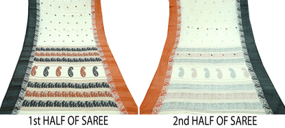 Indian Vintage Sari Ivory Pure Cotton Hand Woven 5Yd Sarees Soft Paisley Ethnic Craft Fabric Sewing Dress making Crafting Quilting