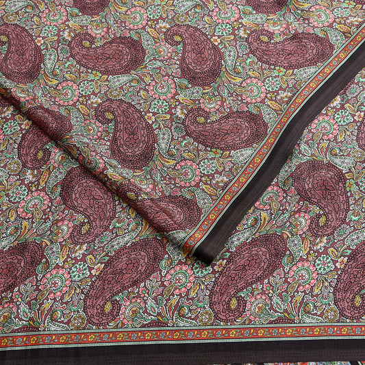 Indian Vintage Brown Artificial Silk Printed Saree Floral Design 5 Yards Soft Craft Fabric for Dressmaking, Décor, Quilting, Upcycling