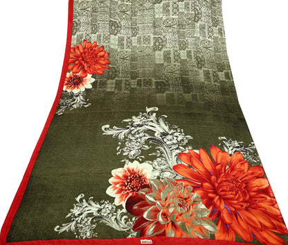 Indian Vintage Saree Ivory & Green Moss Crepe Digital Printed Sari Fabric 6yd Sewing Soft Craft Fabric Dressmaking Dress Designing Quilting