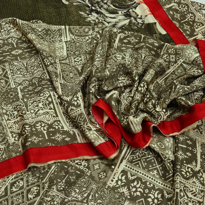 Indian Vintage Saree Ivory & Green Moss Crepe Digital Printed Sari Fabric 6yd Sewing Soft Craft Fabric Dressmaking Dress Designing Quilting