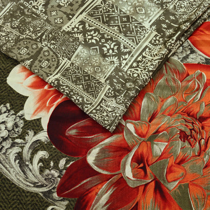 Indian Vintage Saree Ivory & Green Moss Crepe Digital Printed Sari Fabric 6yd Sewing Soft Craft Fabric Dressmaking Dress Designing Quilting