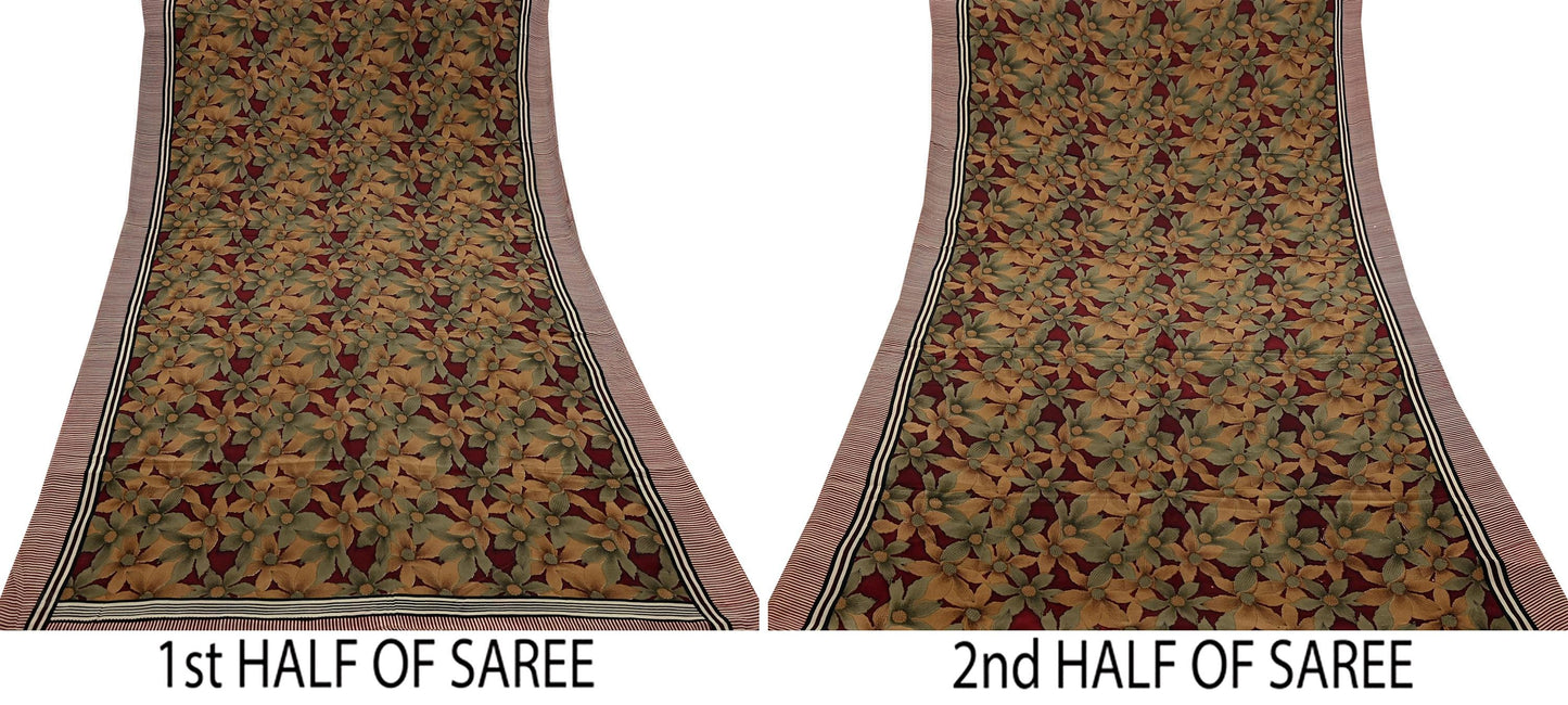 Indian Vintage Sari Green & Maroon Pure Crepe Silk Printed Sarees 6yd Sewing Soft Craft Fabric Wrap Upcycle Quilting Crafting Dress making