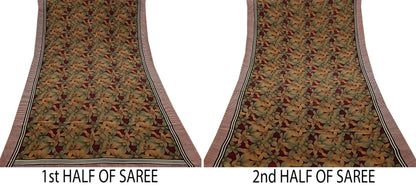Indian Vintage Sari Green & Maroon Pure Crepe Silk Printed Sarees 6yd Sewing Soft Craft Fabric Wrap Upcycle Quilting Crafting Dress making