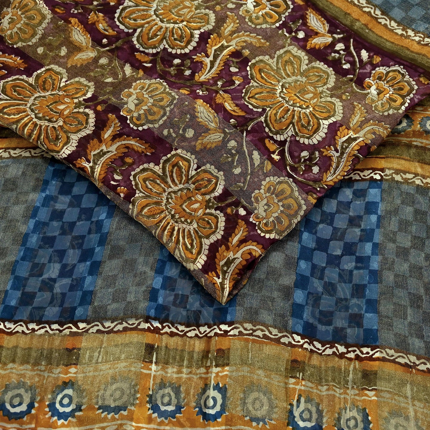Indian Vintage Saree Burgundy & Blue Pure Georgette Silk Printed Sari Sewing 6yd Craft Fabric Soft Dress Designing for Crafting Quilting