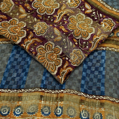 Indian Vintage Saree Burgundy & Blue Pure Georgette Silk Printed Sari Sewing 6yd Craft Fabric Soft Dress Designing for Crafting Quilting