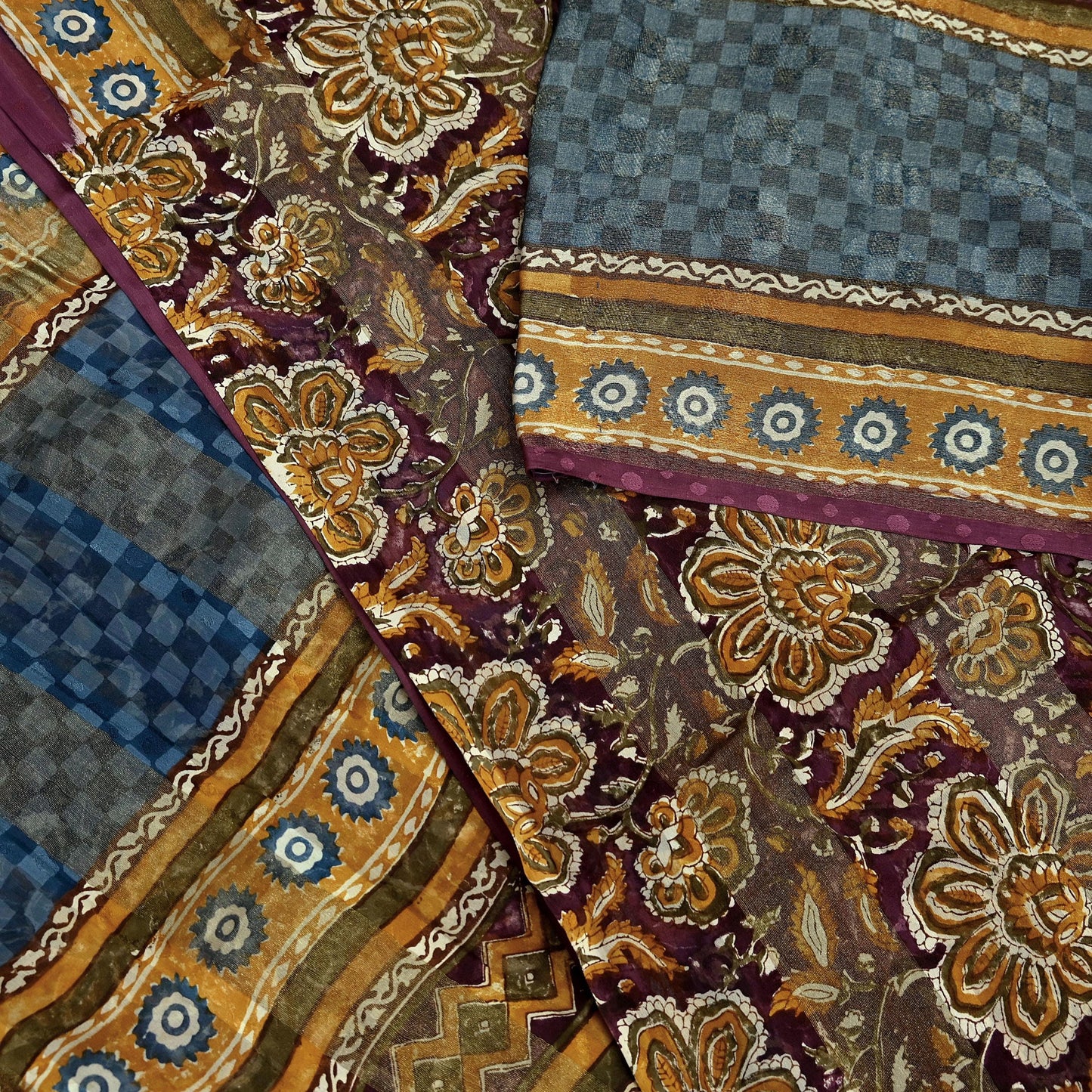 Indian Vintage Saree Burgundy & Blue Pure Georgette Silk Printed Sari Sewing 6yd Craft Fabric Soft Dress Designing for Crafting Quilting