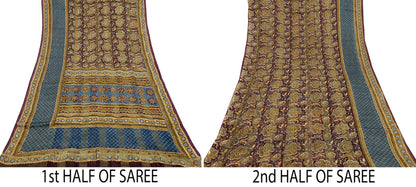 Indian Vintage Saree Burgundy & Blue Pure Georgette Silk Printed Sari Sewing 6yd Craft Fabric Soft Dress Designing for Crafting Quilting