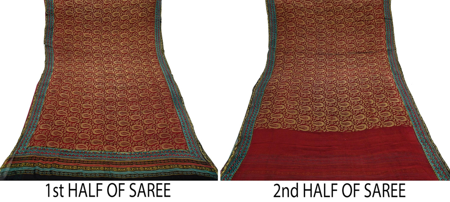 Indian Vintage Sari Hand Woven Pure Georgette Silk Saree Craft Fabric 5Yard Ethnic Floral Soft Dress making Crafting Quilting Upcycle Zari