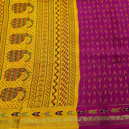 Indian Vintage Sari Purple & Yellow Printed Pure Silk Sarees 6yd Sewing Craft Fabric Floral Dress Making Soft Quilting Crafting Upcycle Used