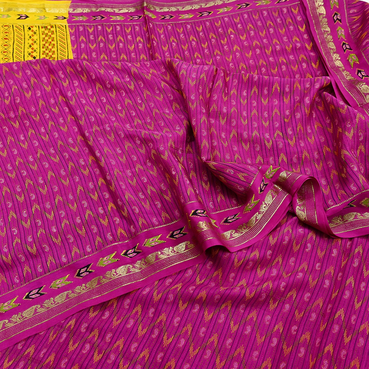 Indian Vintage Sari Purple & Yellow Printed Pure Silk Sarees 6yd Sewing Craft Fabric Floral Dress Making Soft Quilting Crafting Upcycle Used