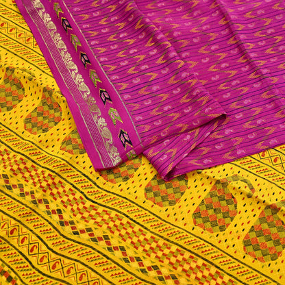 Indian Vintage Sari Purple & Yellow Printed Pure Silk Sarees 6yd Sewing Craft Fabric Floral Dress Making Soft Quilting Crafting Upcycle Used