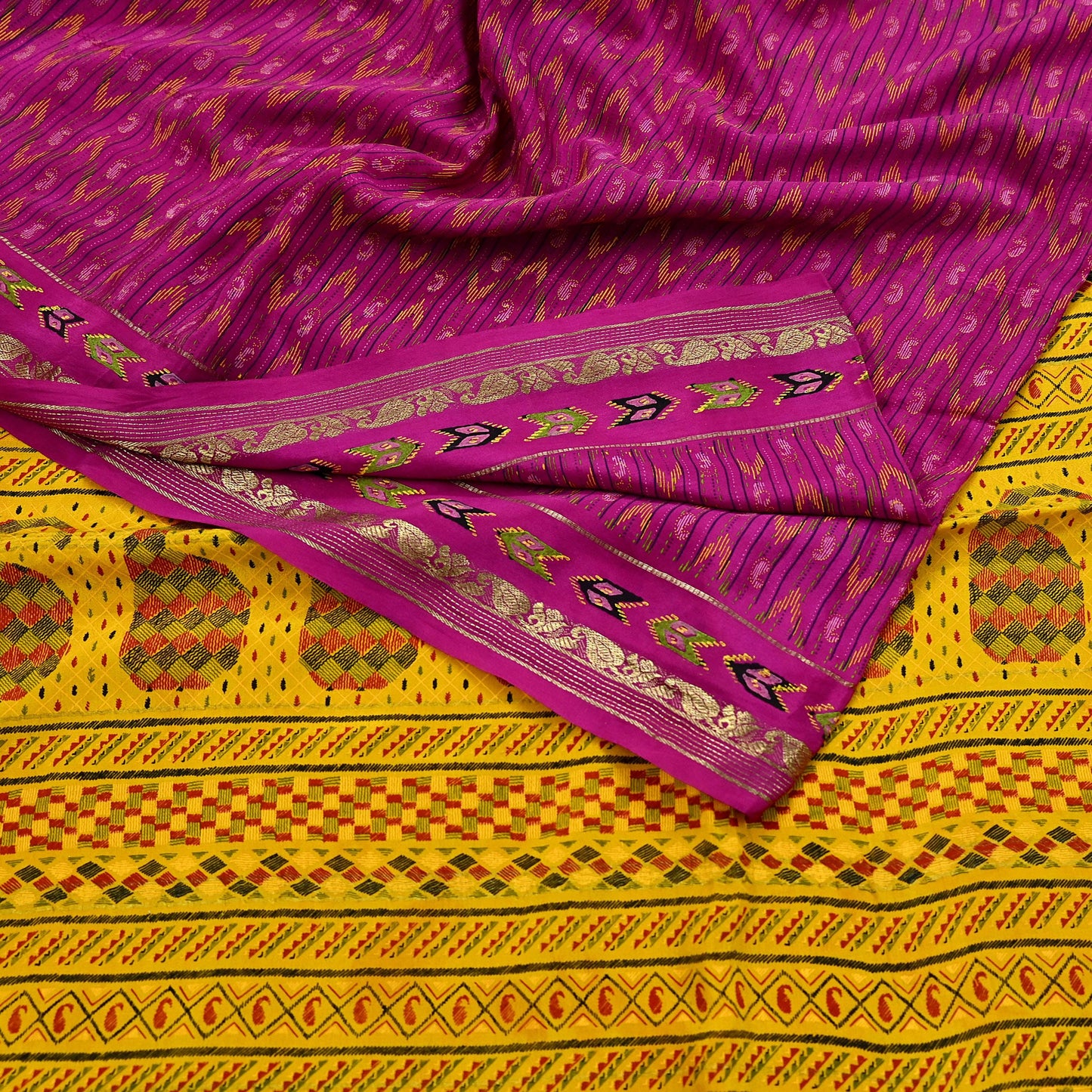 Indian Vintage Sari Purple & Yellow Printed Pure Silk Sarees 6yd Sewing Craft Fabric Floral Dress Making Soft Quilting Crafting Upcycle Used