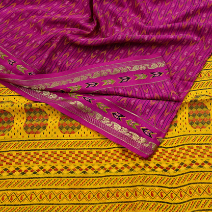 Indian Vintage Sari Purple & Yellow Printed Pure Silk Sarees 6yd Sewing Craft Fabric Floral Dress Making Soft Quilting Crafting Upcycle Used