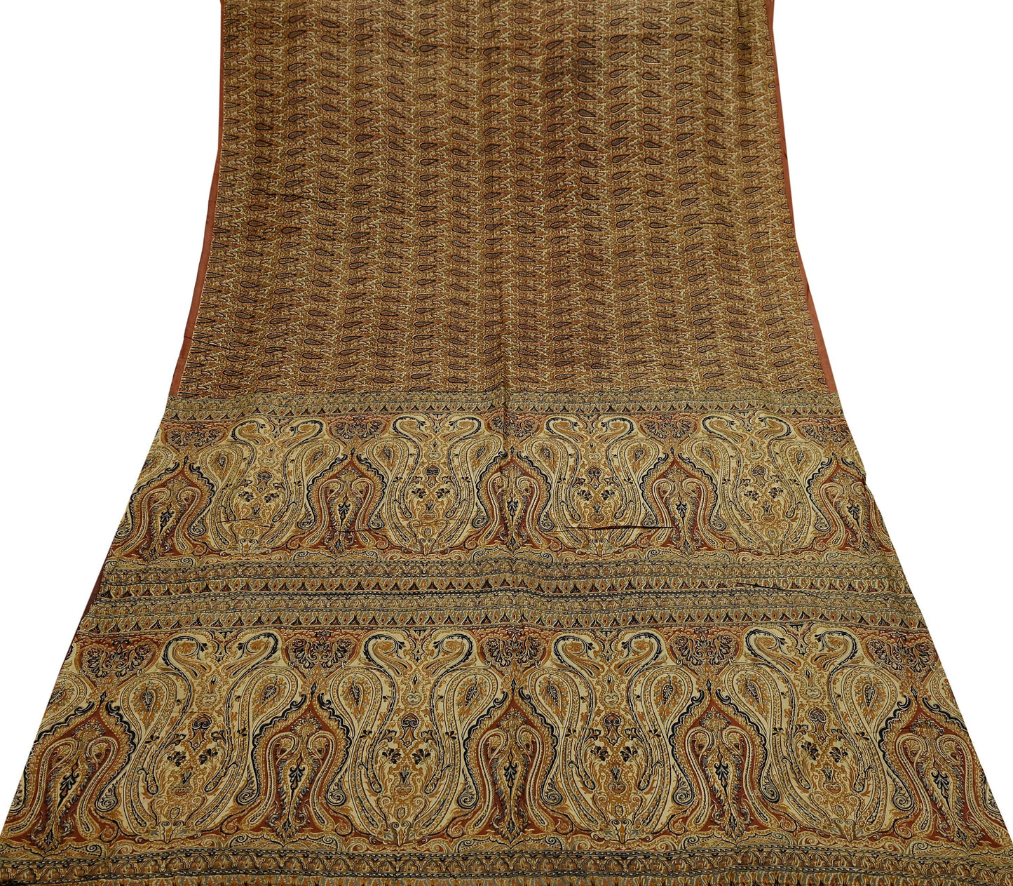 Indian Vintage Sari Brown & Beige 100% Pure Silk Printed Saree 6yd Sewing Craft Fabric DressMaking Wrap Abstract For Crafting Quilting