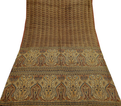 Indian Vintage Sari Brown & Beige 100% Pure Silk Printed Saree 6yd Sewing Craft Fabric DressMaking Wrap Abstract For Crafting Quilting