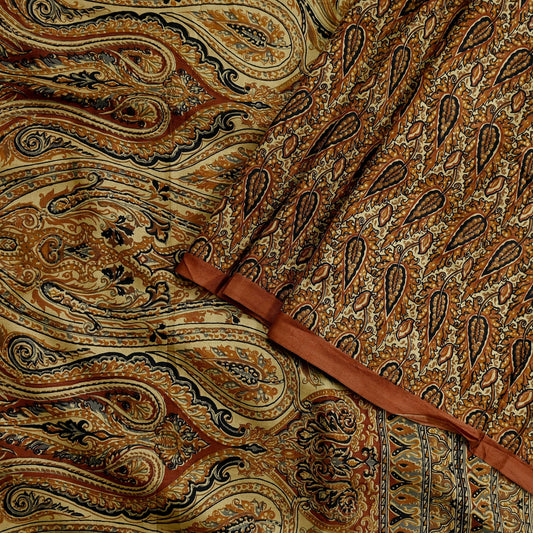 Indian Vintage Sari Brown & Beige 100% Pure Silk Printed Saree 6yd Sewing Craft Fabric DressMaking Wrap Abstract For Crafting Quilting