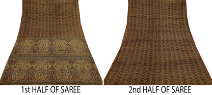 Indian Vintage Sari Brown & Beige 100% Pure Silk Printed Saree 6yd Sewing Craft Fabric DressMaking Wrap Abstract For Crafting Quilting