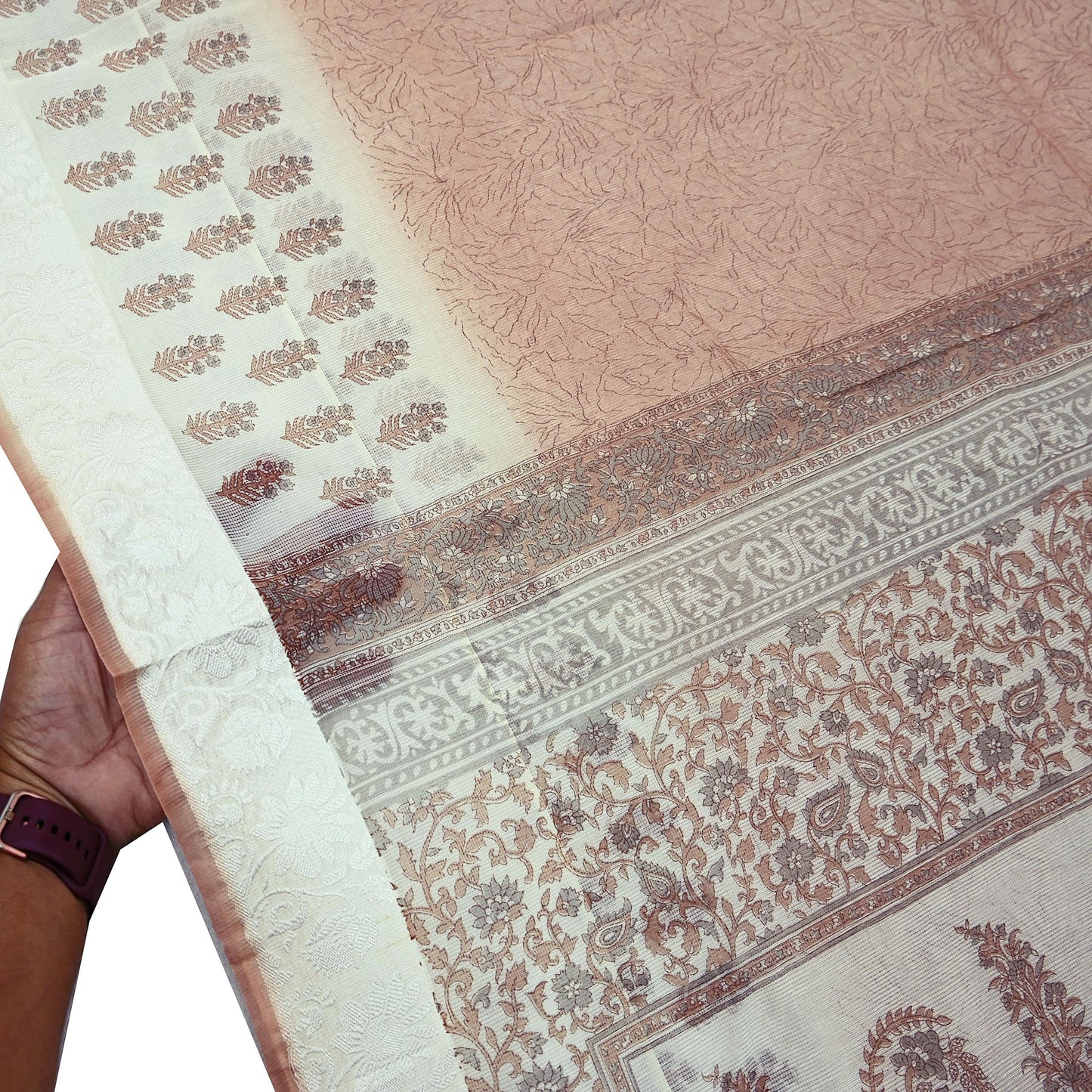 Indian Vintage Ivory & Brown Sarees Pure Cotton Printed Sari 5yd Sewing Craft Fabric DressMaking Soft Crafting Quilting Upcycle Border