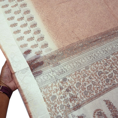 Indian Vintage Ivory & Brown Sarees Pure Cotton Printed Sari 5yd Sewing Craft Fabric DressMaking Soft Crafting Quilting Upcycle Border