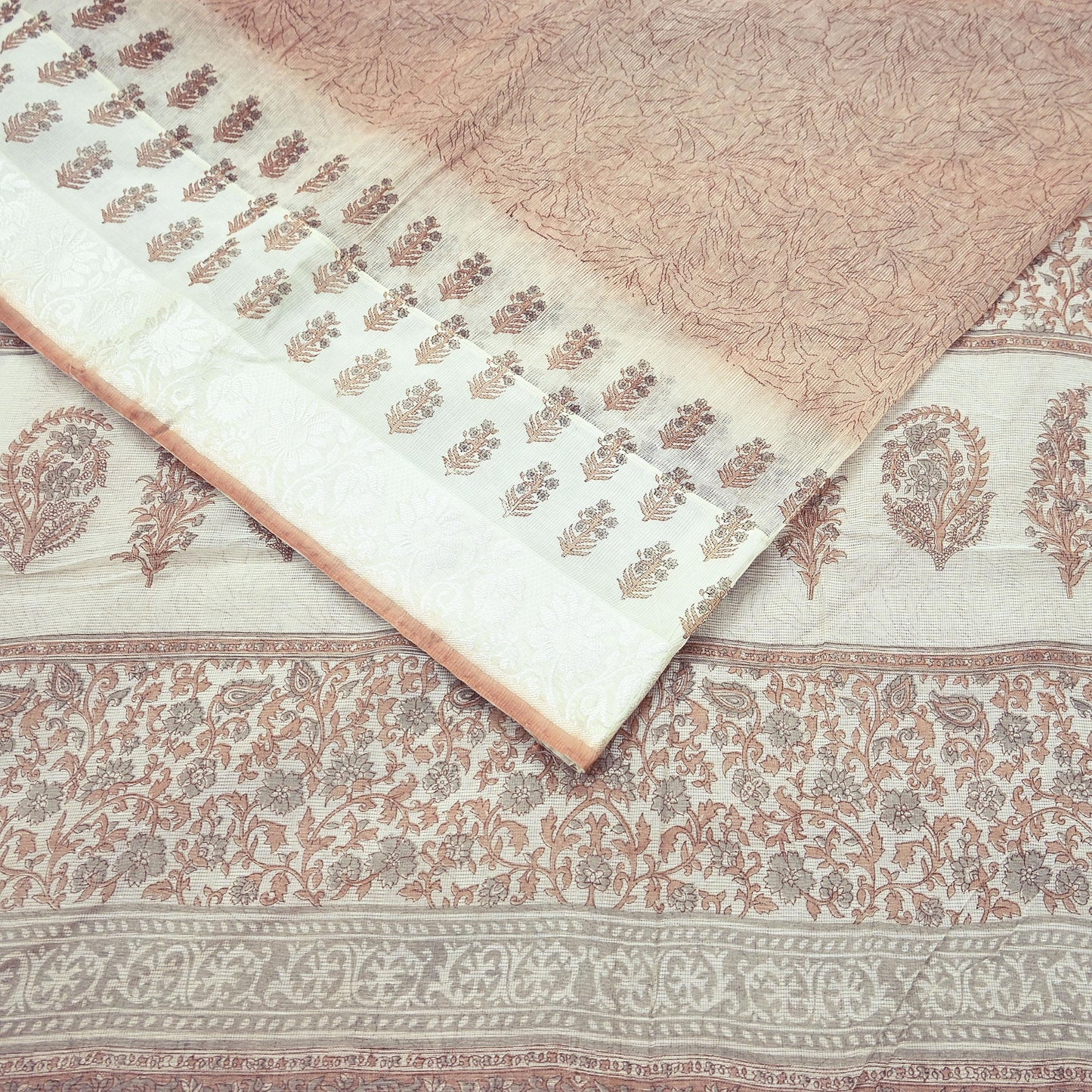 Indian Vintage Ivory & Brown Sarees Pure Cotton Printed Sari 5yd Sewing Craft Fabric DressMaking Soft Crafting Quilting Upcycle Border
