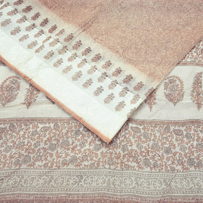 Indian Vintage Ivory & Brown Sarees Pure Cotton Printed Sari 5yd Sewing Craft Fabric DressMaking Soft Crafting Quilting Upcycle Border