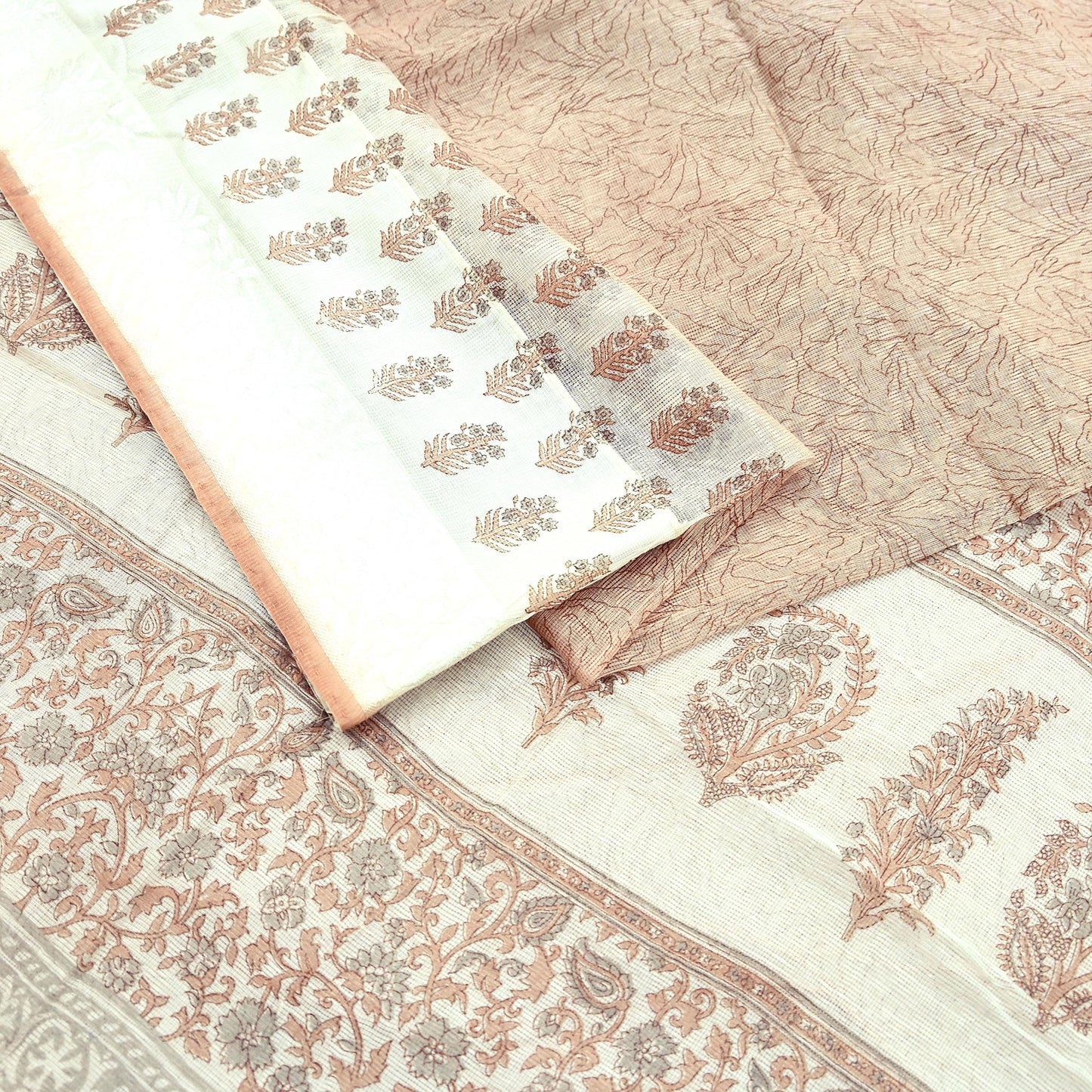 Indian Vintage Ivory & Brown Sarees Pure Cotton Printed Sari 5yd Sewing Craft Fabric DressMaking Soft Crafting Quilting Upcycle Border