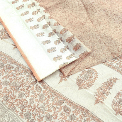 Indian Vintage Ivory & Brown Sarees Pure Cotton Printed Sari 5yd Sewing Craft Fabric DressMaking Soft Crafting Quilting Upcycle Border