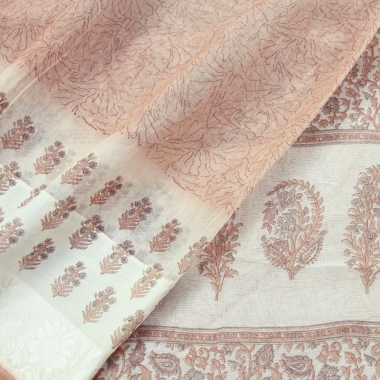 Indian Vintage Ivory & Brown Sarees Pure Cotton Printed Sari 5yd Sewing Craft Fabric DressMaking Soft Crafting Quilting Upcycle Border