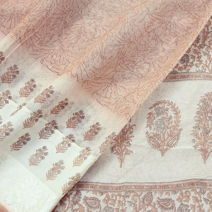 Indian Vintage Ivory & Brown Sarees Pure Cotton Printed Sari 5yd Sewing Craft Fabric DressMaking Soft Crafting Quilting Upcycle Border