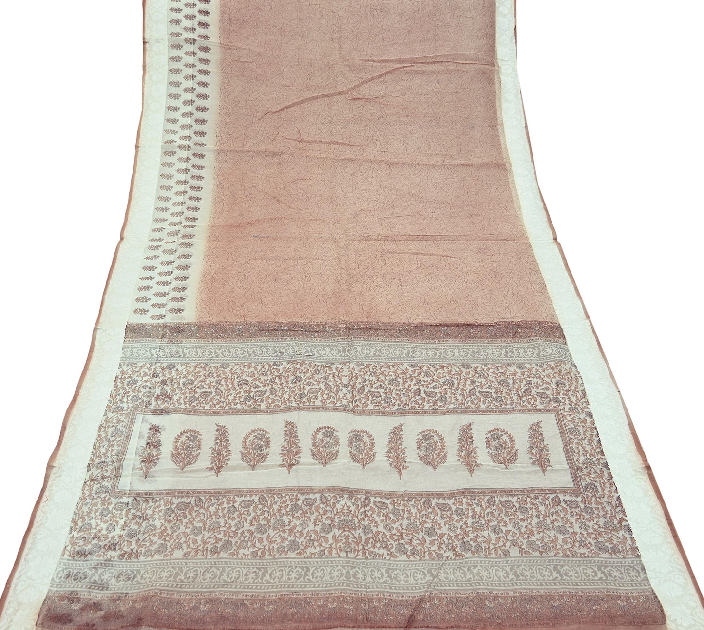 Indian Vintage Ivory & Brown Sarees Pure Cotton Printed Sari 5yd Sewing Craft Fabric DressMaking Soft Crafting Quilting Upcycle Border