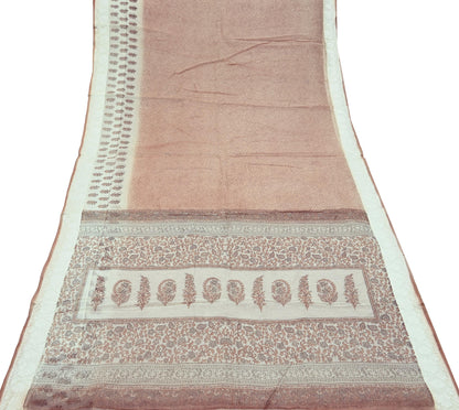 Indian Vintage Ivory & Brown Sarees Pure Cotton Printed Sari 5yd Sewing Craft Fabric DressMaking Soft Crafting Quilting Upcycle Border