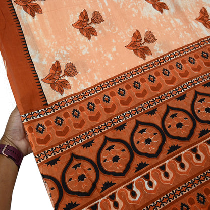 Indian Vintage Sari Rusty & Peach 100% Pure Cotton Printed Sarees 5Yd Craft Fabric Sewing Sarong Wrap Boho Quilting Upcycle Dress Making