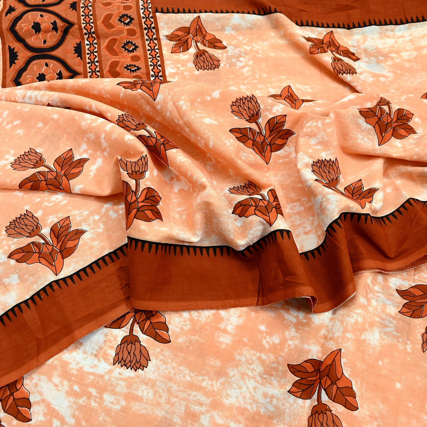 Indian Vintage Sari Rusty & Peach 100% Pure Cotton Printed Sarees 5Yd Craft Fabric Sewing Sarong Wrap Boho Quilting Upcycle Dress Making