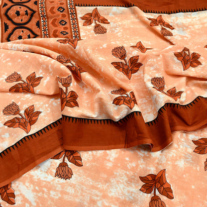 Indian Vintage Sari Rusty & Peach 100% Pure Cotton Printed Sarees 5Yd Craft Fabric Sewing Sarong Wrap Boho Quilting Upcycle Dress Making