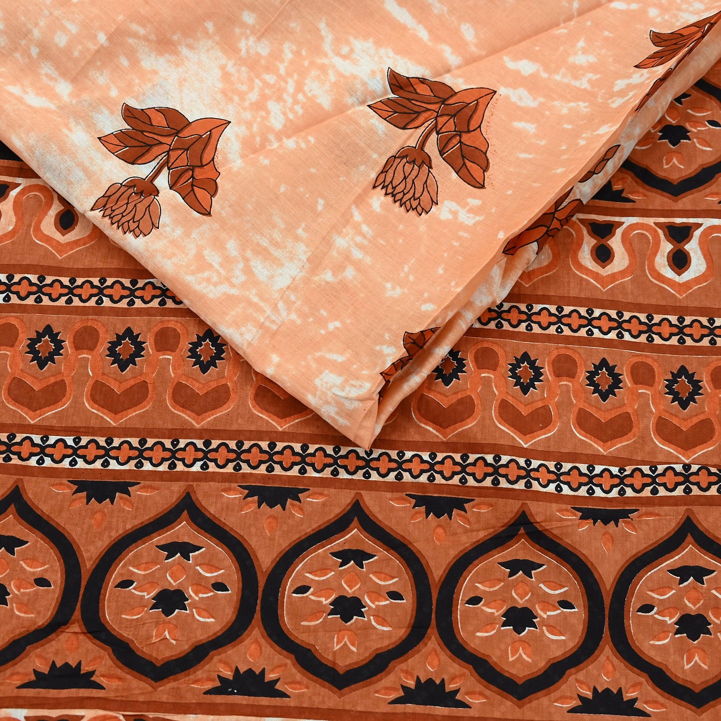 Indian Vintage Sari Rusty & Peach 100% Pure Cotton Printed Sarees 5Yd Craft Fabric Sewing Sarong Wrap Boho Quilting Upcycle Dress Making