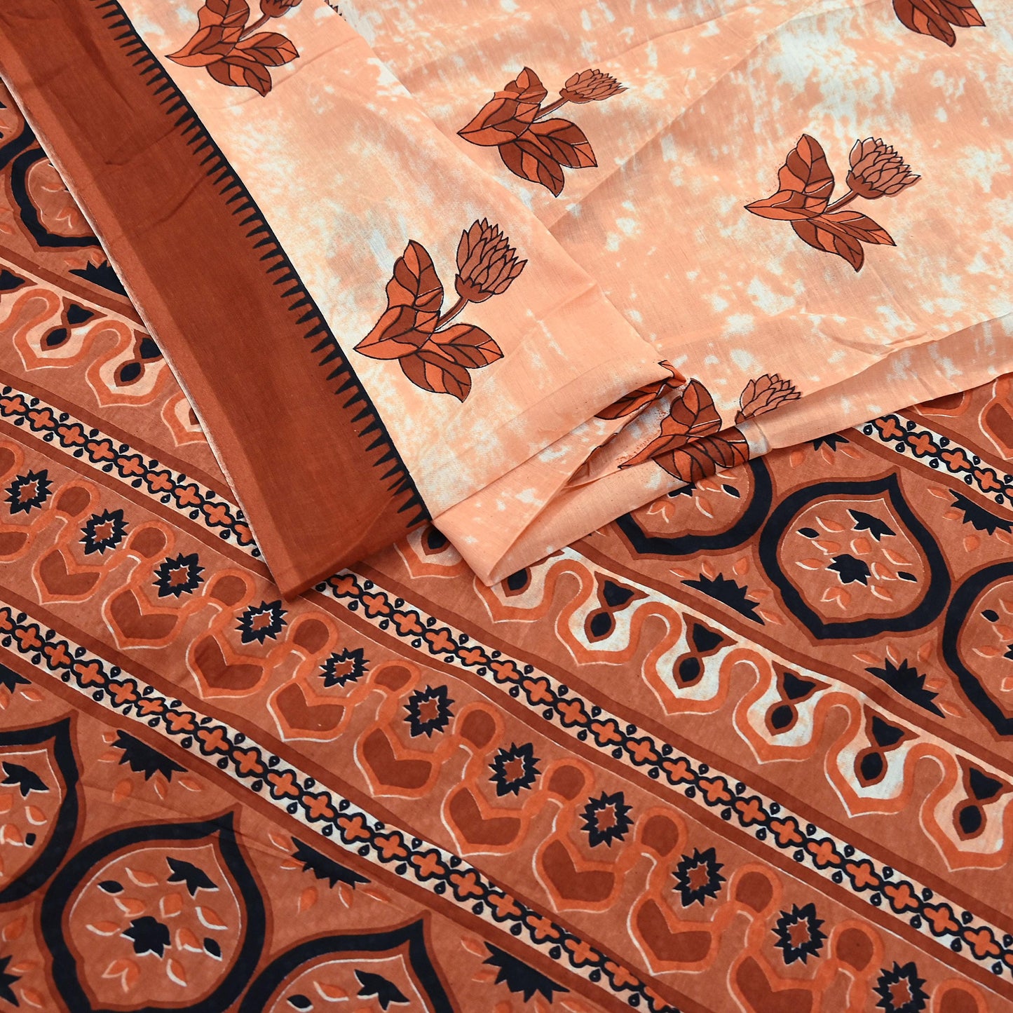 Indian Vintage Sari Rusty & Peach 100% Pure Cotton Printed Sarees 5Yd Craft Fabric Sewing Sarong Wrap Boho Quilting Upcycle Dress Making