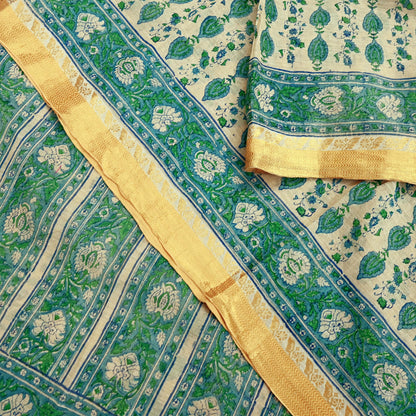 Indian Vintage Sari Beige Block Printed Pure Cotton Saree Craft Fabric 5Yd Sewing Sarong Wrap Boho Floral Crafting Upcycle Quilting Zari