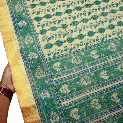 Indian Vintage Sari Beige Block Printed Pure Cotton Saree Craft Fabric 5Yd Sewing Sarong Wrap Boho Floral Crafting Upcycle Quilting Zari
