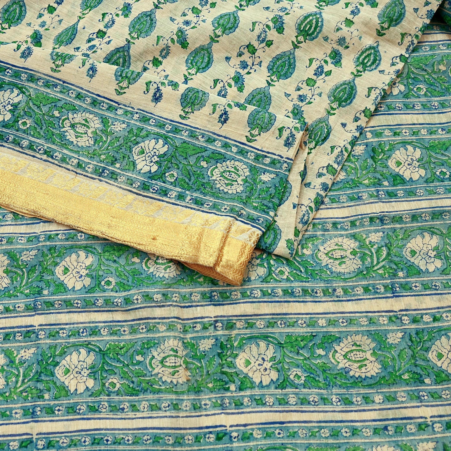 Indian Vintage Sari Beige Block Printed Pure Cotton Saree Craft Fabric 5Yd Sewing Sarong Wrap Boho Floral Crafting Upcycle Quilting Zari
