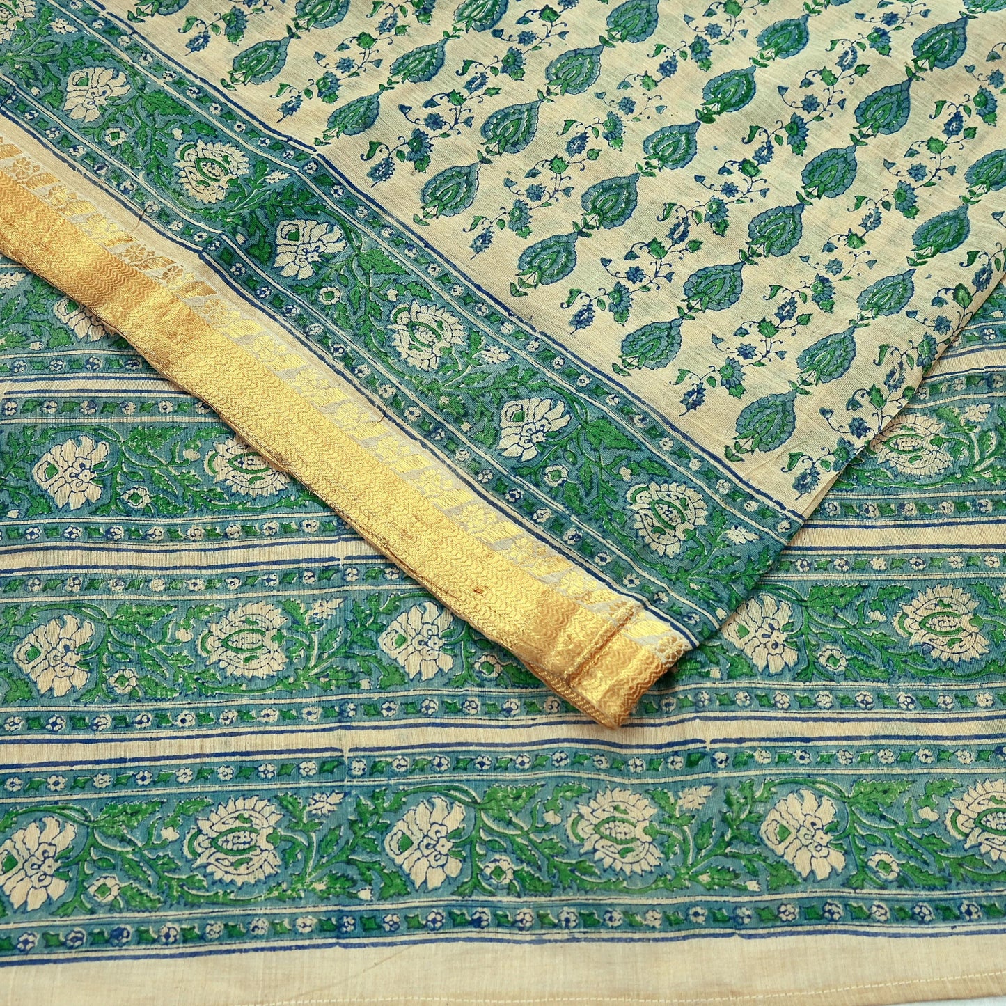 Indian Vintage Sari Beige Block Printed Pure Cotton Saree Craft Fabric 5Yd Sewing Sarong Wrap Boho Floral Crafting Upcycle Quilting Zari