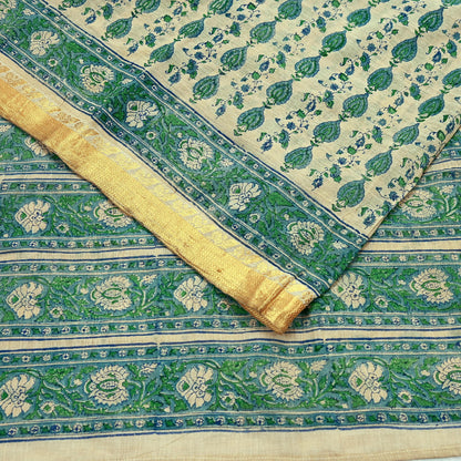 Indian Vintage Sari Beige Block Printed Pure Cotton Saree Craft Fabric 5Yd Sewing Sarong Wrap Boho Floral Crafting Upcycle Quilting Zari