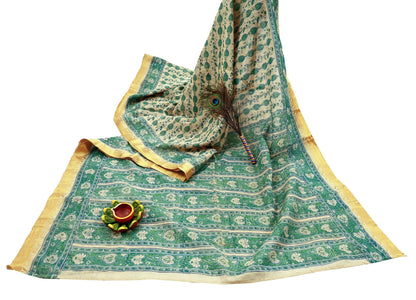 Indian Vintage Sari Beige Block Printed Pure Cotton Saree Craft Fabric 5Yd Sewing Sarong Wrap Boho Floral Crafting Upcycle Quilting Zari