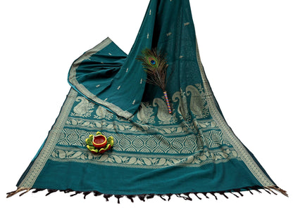 Indian Vintage Sari Green Pure Cotton Hand Woven Baluchari Saree 5yard Ethnic Humans Fringes Dress Making Crafting