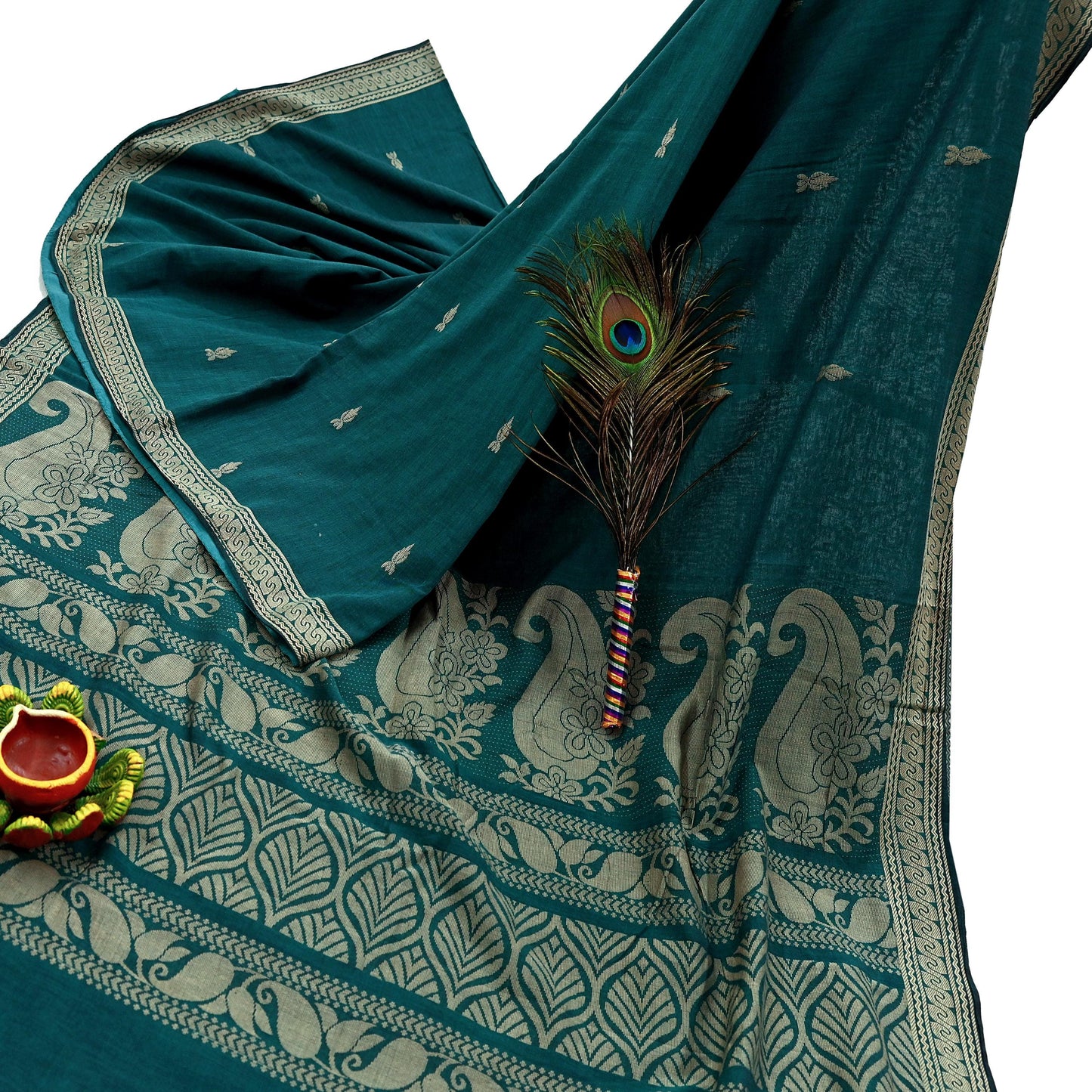 Indian Vintage Sari Green Pure Cotton Hand Woven Baluchari Saree 5yard Ethnic Humans Fringes Dress Making Crafting