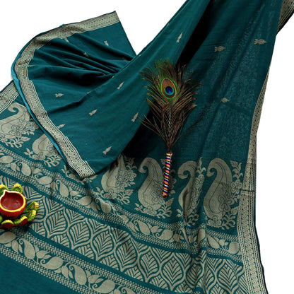 Indian Vintage Sari Green Pure Cotton Hand Woven Baluchari Saree 5yard Ethnic Humans Fringes Dress Making Crafting