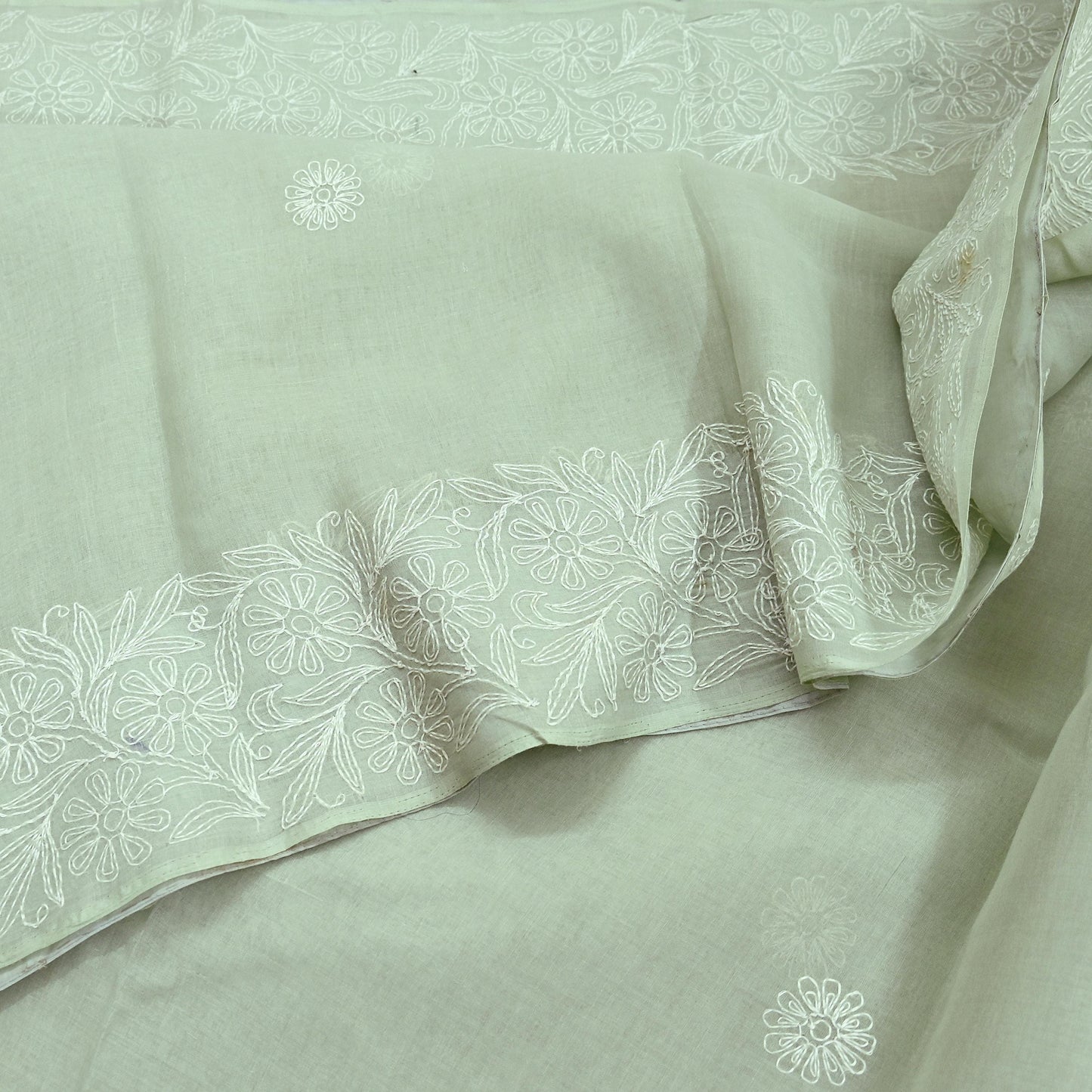 Indian Vintage Sari Cotton Green Handmade Chikankari Saree Craft Fabric 5Yd Ethnic Floral Dress making Crafting Quilting Upcycle Sarong