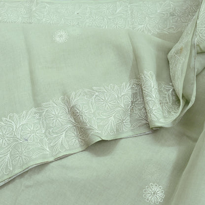 Indian Vintage Sari Cotton Green Handmade Chikankari Saree Craft Fabric 5Yd Ethnic Floral Dress making Crafting Quilting Upcycle Sarong