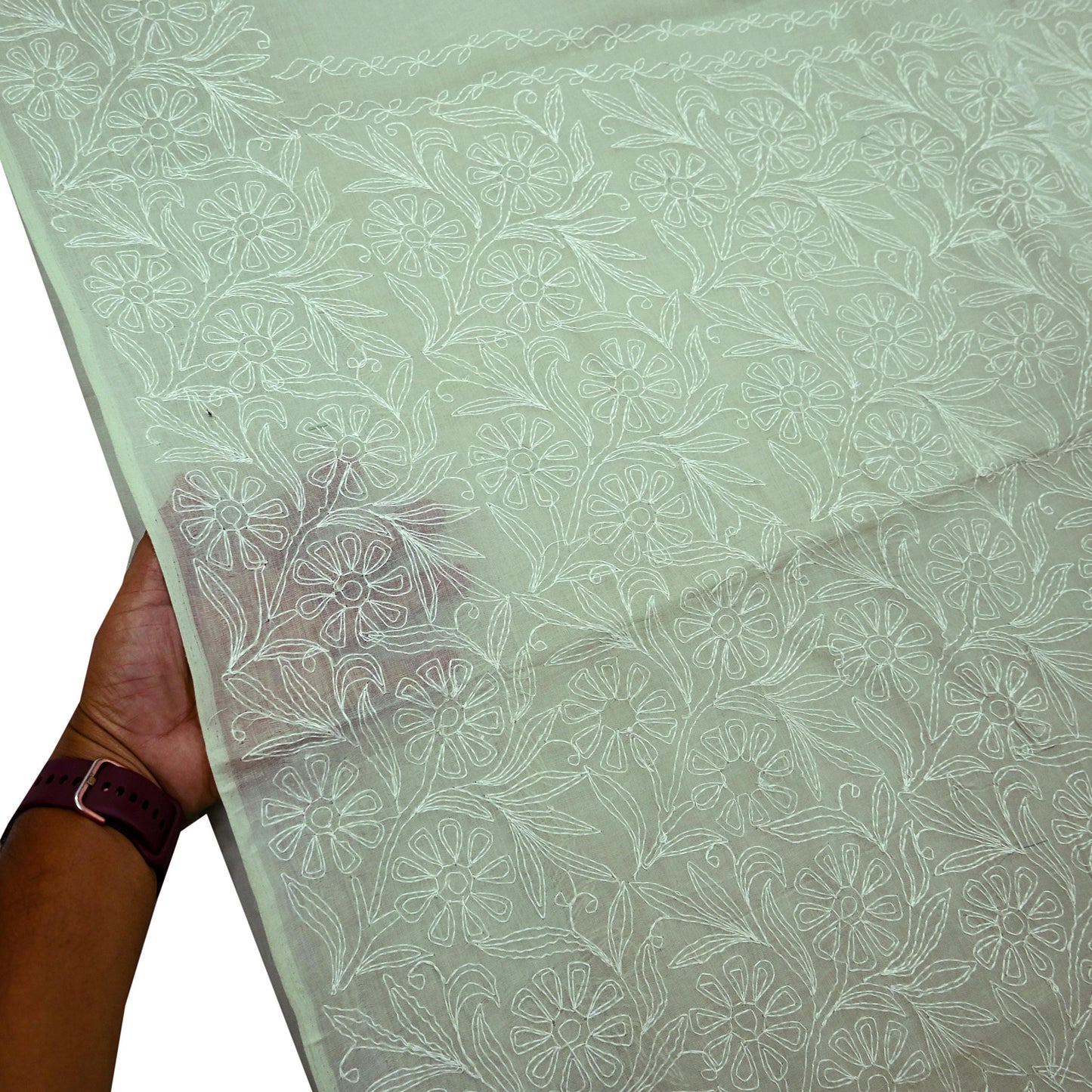 Indian Vintage Sari Cotton Green Handmade Chikankari Saree Craft Fabric 5Yd Ethnic Floral Dress making Crafting Quilting Upcycle Sarong